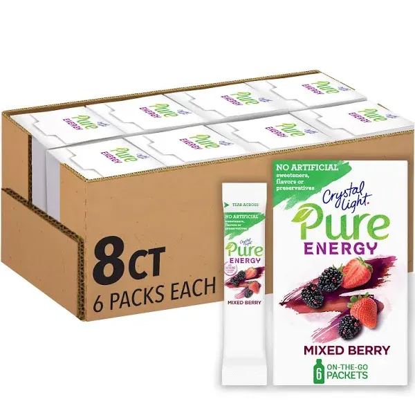 Pure Energy Mixed Berry Drink Mix with Caffeine 48 ct Pack 8 Boxes of 6 Pac