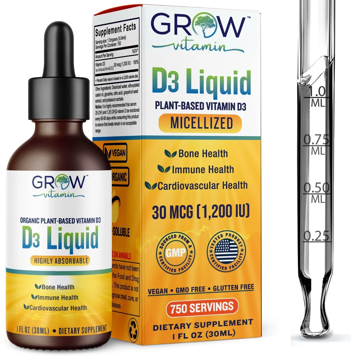 Organic Vitamin D3 Drops, Joint Support Liquid Supplement with Lichen - 750 SERV