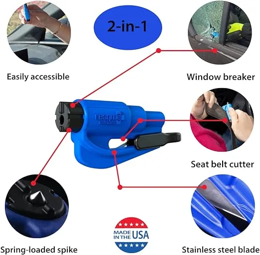 resqme Family Pack of 3, The Original Emergency Keychain Car Escape Tool, 2-in-1 Seatbelt Cutter and Window Breaker, Made in USA, Red, White, Blue
