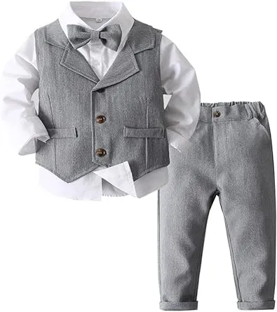 Toddler Boys 3 Piece Outfit Set with Puffer Vest, Long Sleeve Flannel Top, and Elastic Waistband Pants