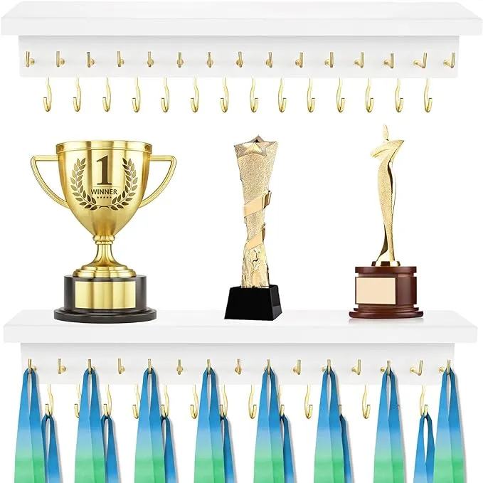 Medal Hanger Display Trophy Shelf with 29 Hooks Wooden Medals Holder Medals Rack for Wall Hanging Over 50 Medals