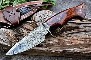 BIGCAT ROAR 10″ PATENTED Handmade Damascus Hunting Knife with Leather Sheath - Ideal for Skinning, Camping, Outdoor - EDC Fixed Blade Bushcraft Knife with Walnut Wood Handle - Predator Hunter