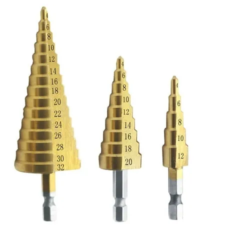 Meterk 3pcs HSS Step Drill Bit Set 4-32mm 4-20mm 4-12mm Straight Step Drill Bit Titanium Coated Wood Metal Hole Cutter C