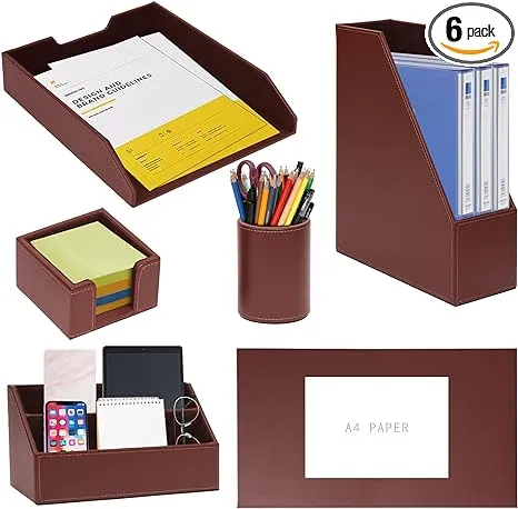 6 Piece Office Supplies/Desk Organizer Set with Desktop Leather Writing Pad,File