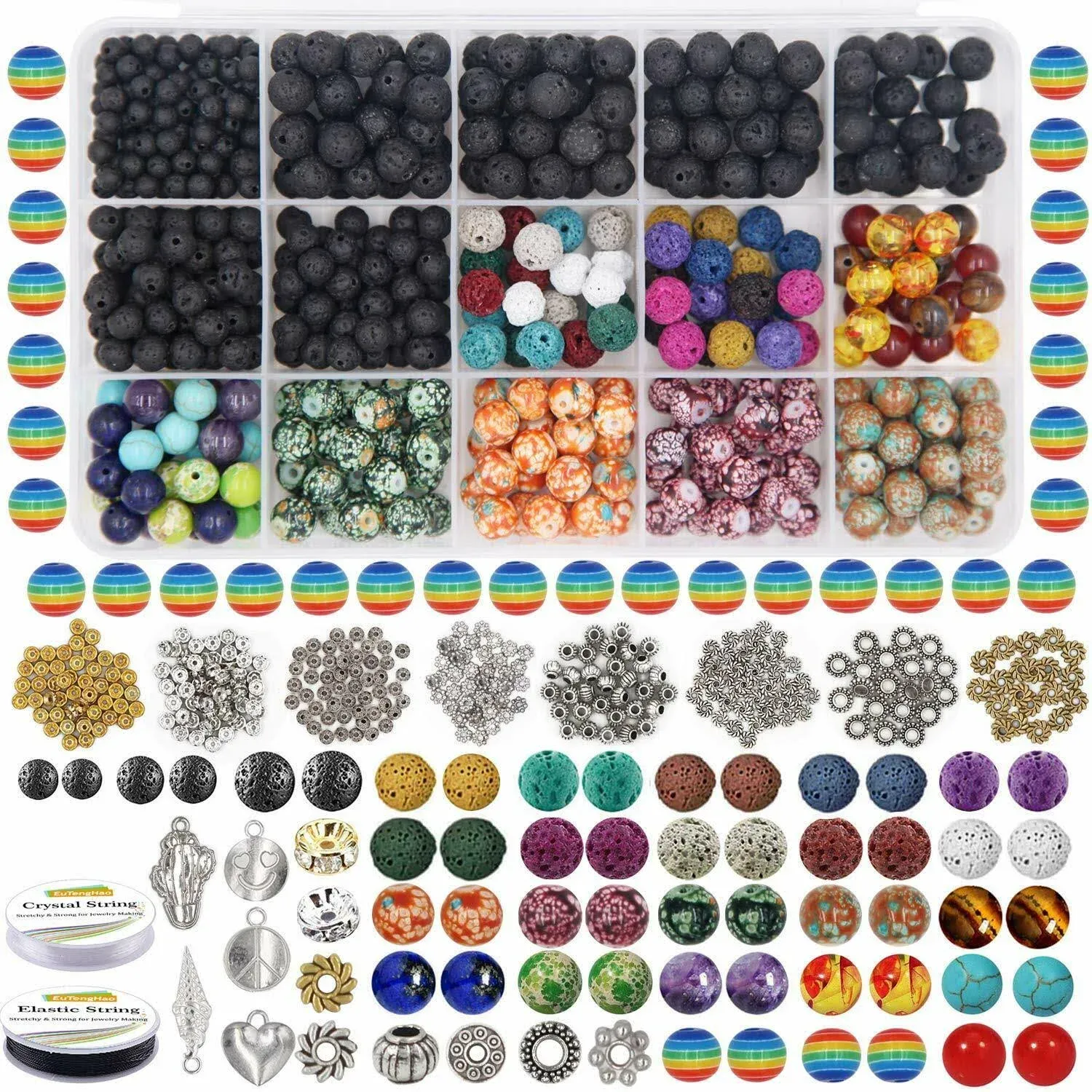 EuTengHao 702Pcs Lava Beads Stone Rock Beads Rainbow Striped Beads Kit with Chak