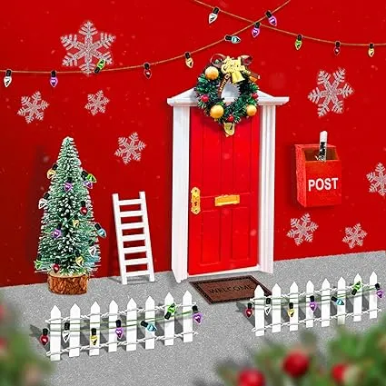 Gogoparty Christmas Wooden Red Mini Elf Door for Wall, Miniature Fairy Door Kit ...