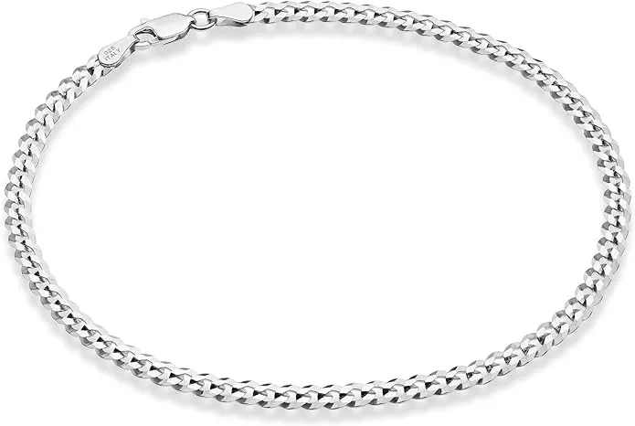 Miabella Solid 925 Sterling Silver Italian 3.5mm Diamond Cut Cuban Link Curb Chain Anklet for Women, Made in Italy