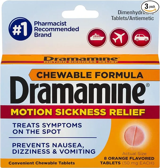 4 Pack Dramamine Motion Sickness Relief, Chewable Tablets Orange Flavor, 8 Each