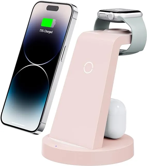 3 in 1 Charging Station for iPhone, Wireless Charger for iPhone 15 14 13 12 11 x Pro Max & Apple Watch - Charging Stand Dock for AirPods (Rose)