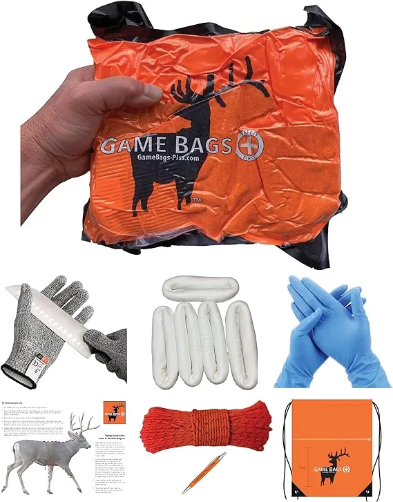 Big Game Hunting, Vac-Sealed, Field Dressing Kit: 5-Pack Game Bags, Cut Gloves, 4 Other Back Country Essentials - Light Weight