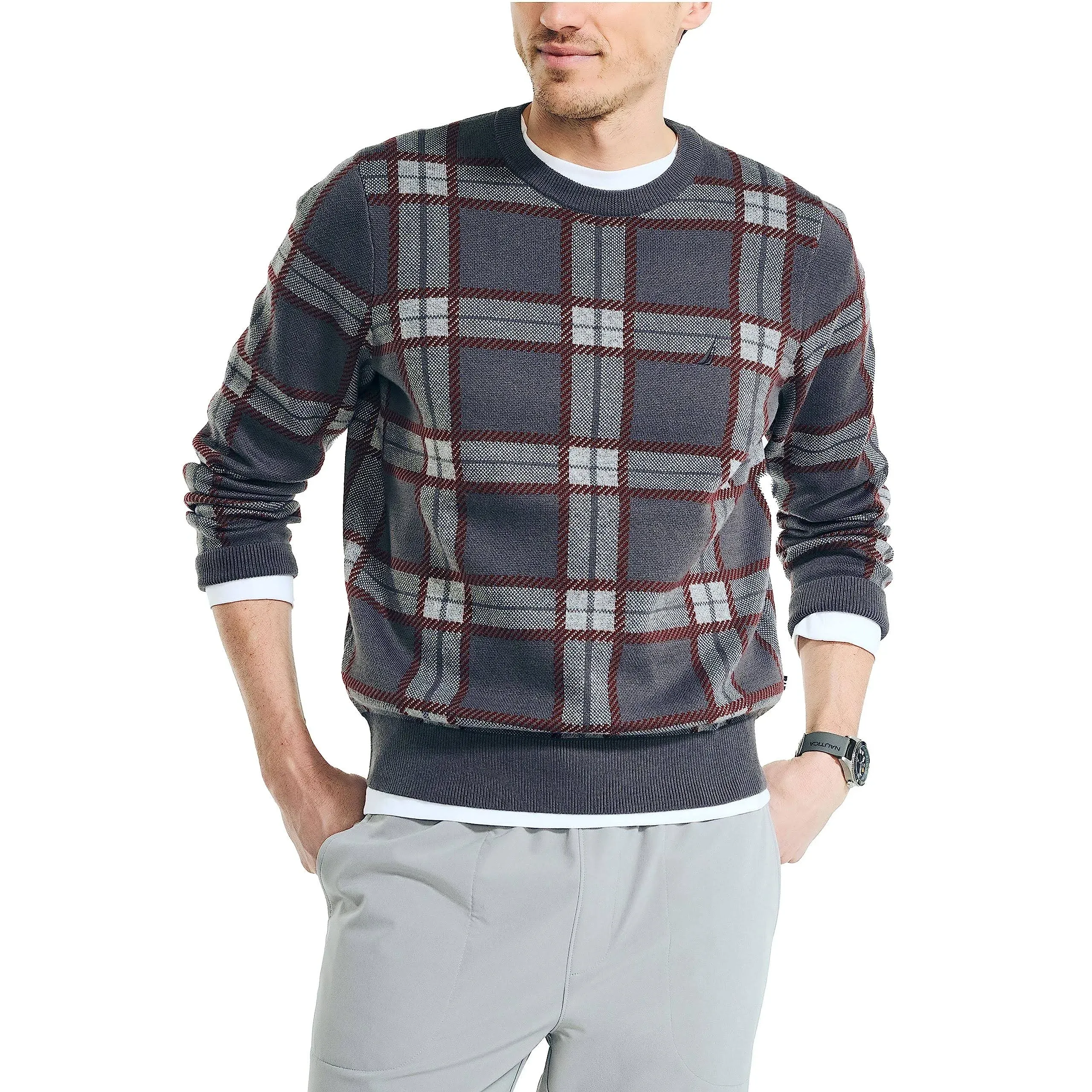 Nautica Men's Navtech Plaid Jacquard Crewneck Sweater