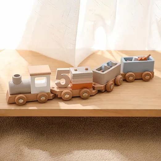 Mamimami Home Wooden Train Set Wooden Toys Train Set for Toddlers 2-4 Wooden Baby Toys Wooden Toys for Toddlers 1-3 Train Toys with Numbers 1-5 and Blocks Wooden Train Toys for Baby Gift