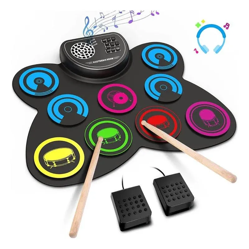 Electronic Drum Set, Marrilley 9 Drum Practice Pad with Headphone Jack, Roll-Up ...