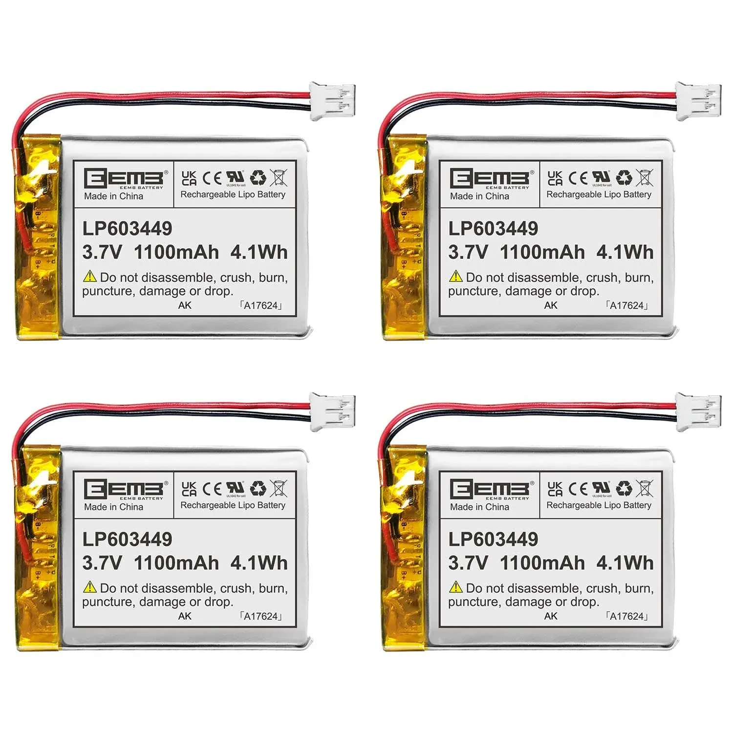 EEMB Lithium Polymer Rechargeable Battery Pack 3.7V 1100mAh 603449-PCM-LD 4 Pack