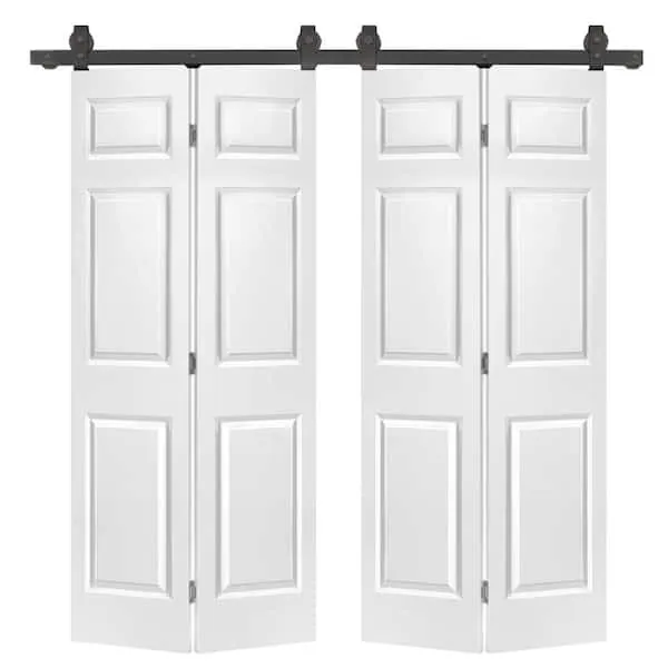 48 in. x 80 in. 6 Panel Primed MDF Composite Double Bi-Fold Barn Door with Sliding Hardware Kit