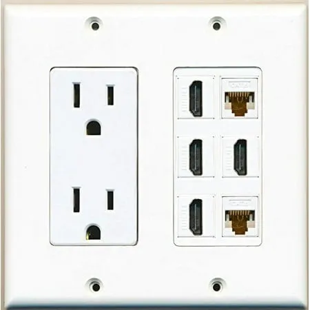 RiteAV 15A 125V Power Outlet with 2 Powered USB Ports and 2 x Cat6 Ethernet Decorative White Wall Plate