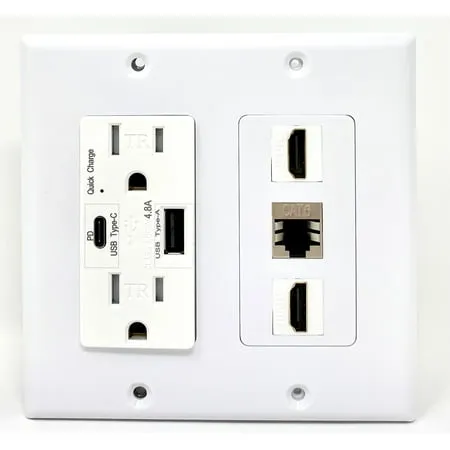 RiteAV USB Charger Outlet 15A/125V with USB Type-A/USB Type-C Charging Ports and 2 x HDMI 1 x Cat6 Shielded Ethernet Decorative White Wall Plate