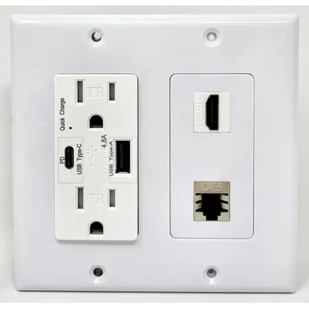 RiteAV USB Charger Outlet 15A/125V with USB Type-A/USB Type-C Charging Ports and 1 x HDMI 1 x Cat6 Shielded Ethernet Decorative White Wall Plate