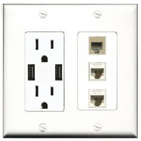 RiteAV USB Charger Outlet 15A/125V with Dual 3.6A USB Charging Ports and 1 Port Phone Beige 2 Port Cat6 Ethernet Decorative White Wall Plate