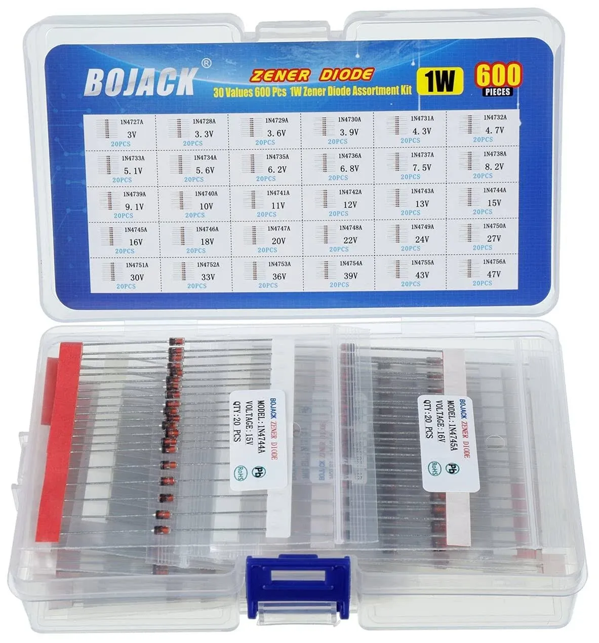 BOJACK 30 Values 600 pcs 1W Zener Diodes Assortment Kit 