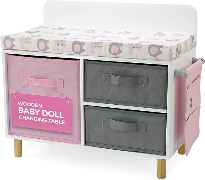 Emily Rose New Wooden Toy Baby Doll Crib Set for Little Girls, Changing Table Furniture with Clothes and Accessories Storage and Pockets, for 3+ Year Olds, Doll Set and Accessories - White/Pink/Gray