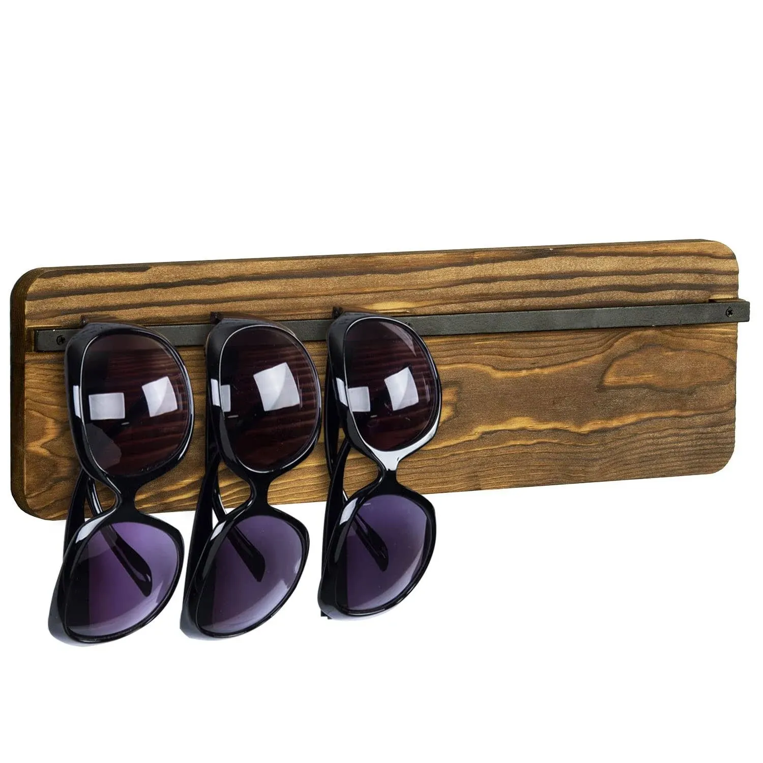 Burnt Wood and Matte Black Metal Wall Mounted Sunglasses Holder Display Organizer Rack