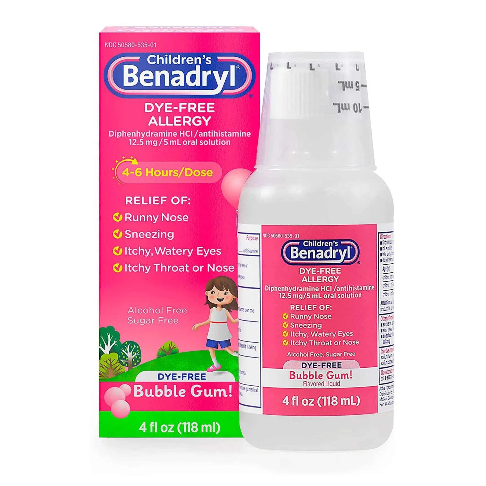 Benadryl Children's Dye-Free Allergy Liquid, Diphenhydramine HCl, Bubble Gum, 4 fl. oz