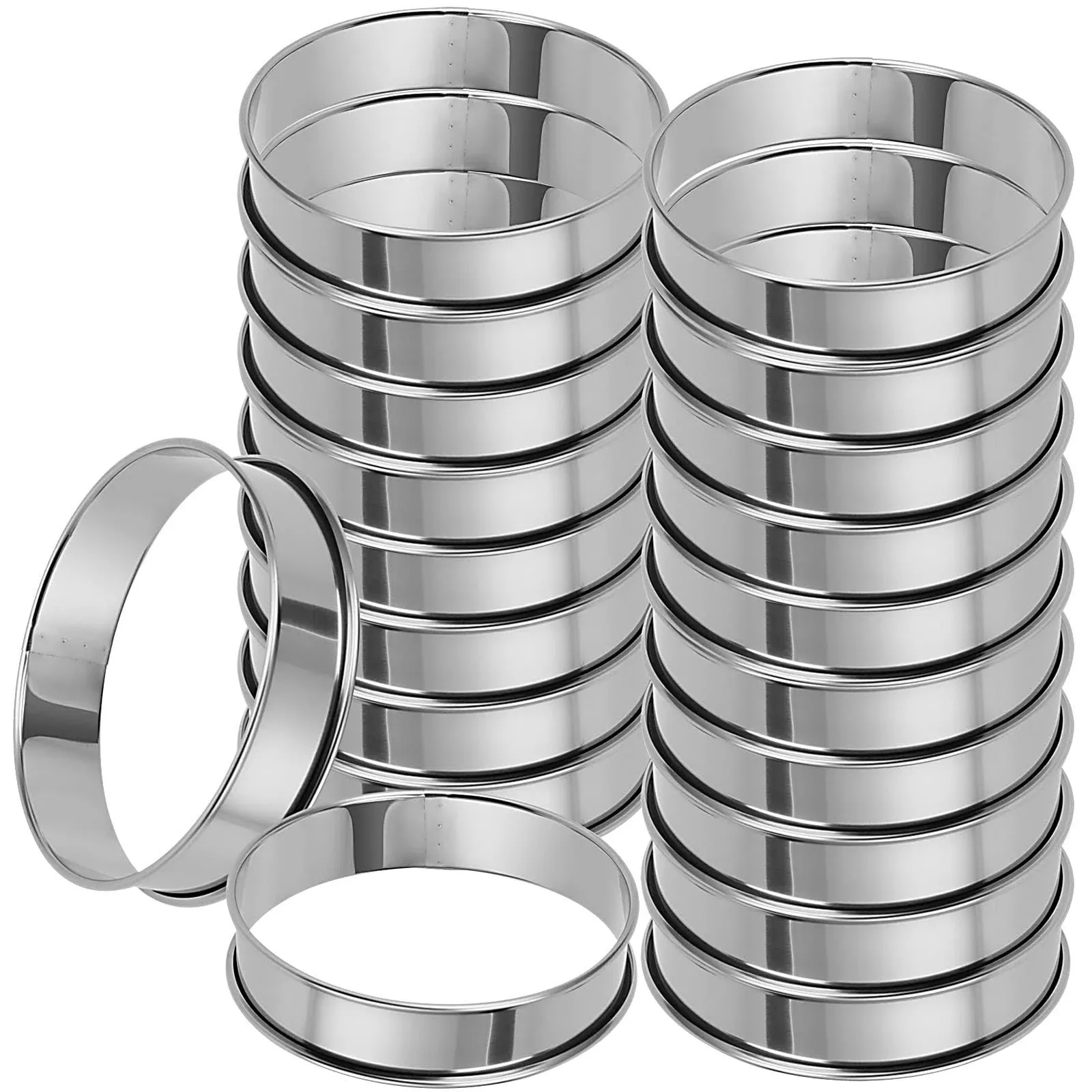 20 Pack 4 Inch English Muffin Rings, Double Rolled Tart Ring, Stainless Steel Crumpet Rings Nonstick Metal Round Ring Pastry Mold for Baking, Silver