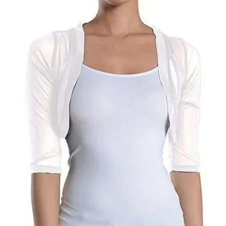 Fashion Secrets Junior's Sheer Chiffon Bolero Shrug Jacket Cardigan 3/4 Sleeves (Medium, White)