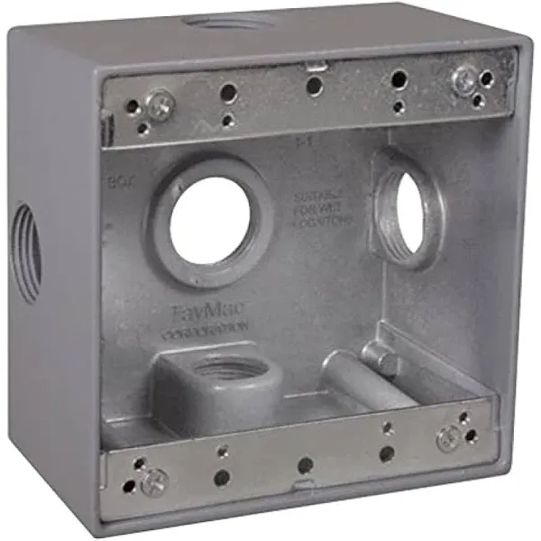 2-Gang Weatherproof Box, Five 3/4 in. Outlets, Side Lug, Gray