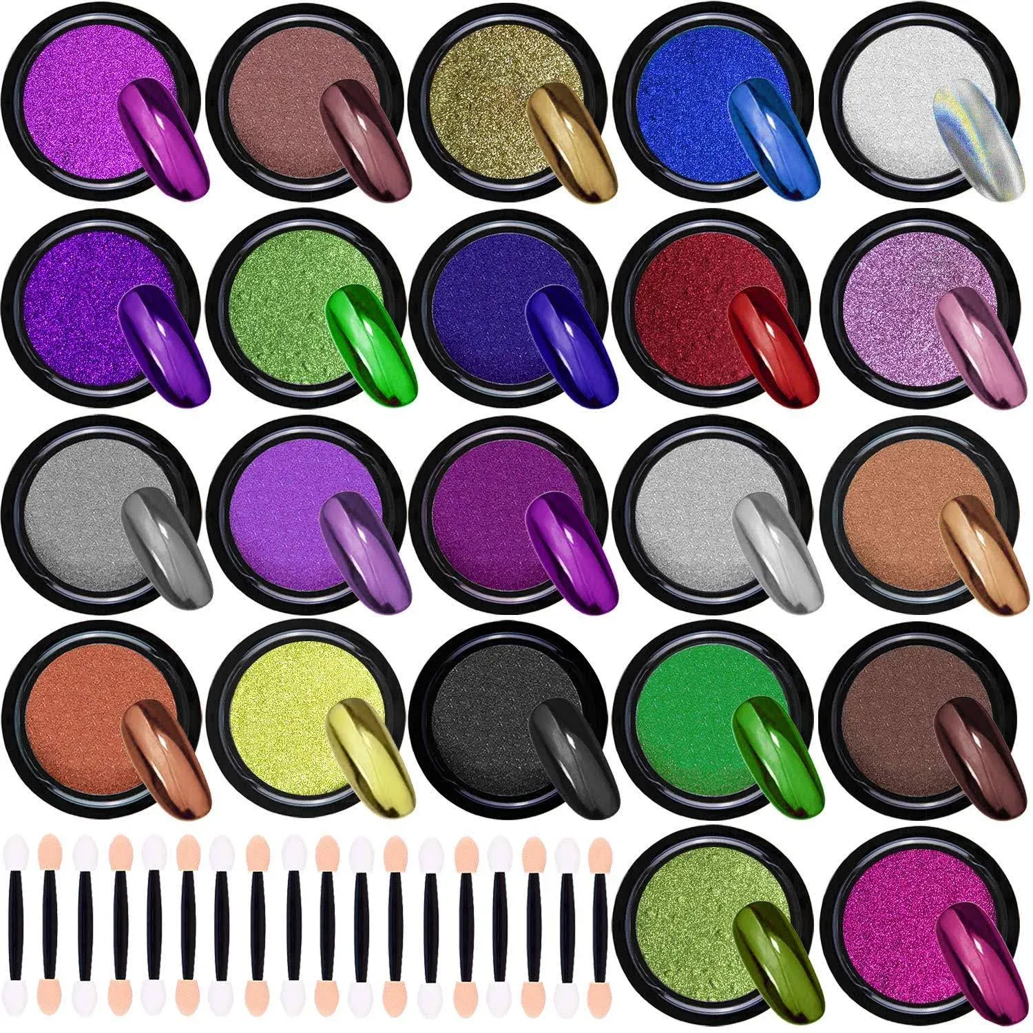 Duufin 22 Colors Chrome Nail Powder Metallic Nail Powders Mirror Effect Nail Art Powder Holographic Aurora Powder Chrome Powder for Nail Art with 22 Pcs Eyeshadow Sticks, 1g/Jar