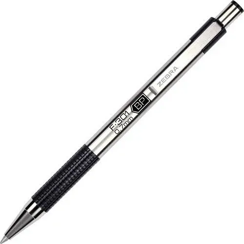 Zebra 27110 F-301 Black Ink with Stainless Steel Barrel 0.7mm Retractable Ballpoint Pen - 12/Pack