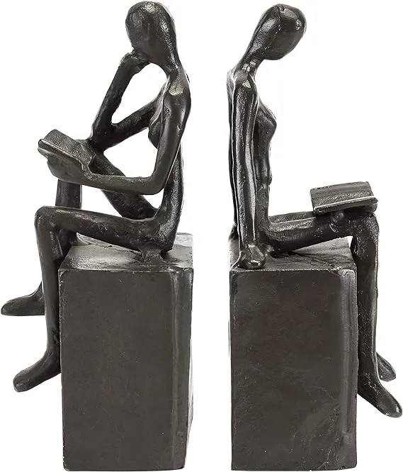 Danya B. Metal Art Shelf Decor - Decorative Cast Iron Bookend Set - Man and Woman Reading on a Block