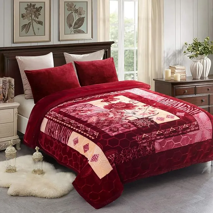 JML Korean Style Fleece Blanket, Soft Fleece Blanket King Size, 10 Pounds Heavy Plush Blanket 85" x 93" - Silky Thick Warm, 2 Ply A&B Printed Raschel Bed Blanket, Red Rose