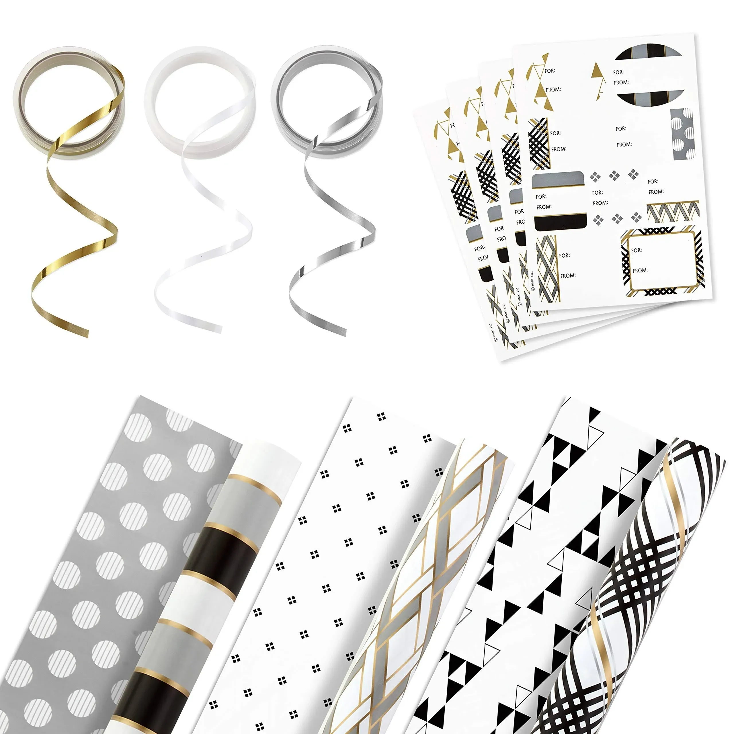 Hallmark Reversible Wrapping Paper Bundle with Ribbon & Gift Tag Stickers - Gold