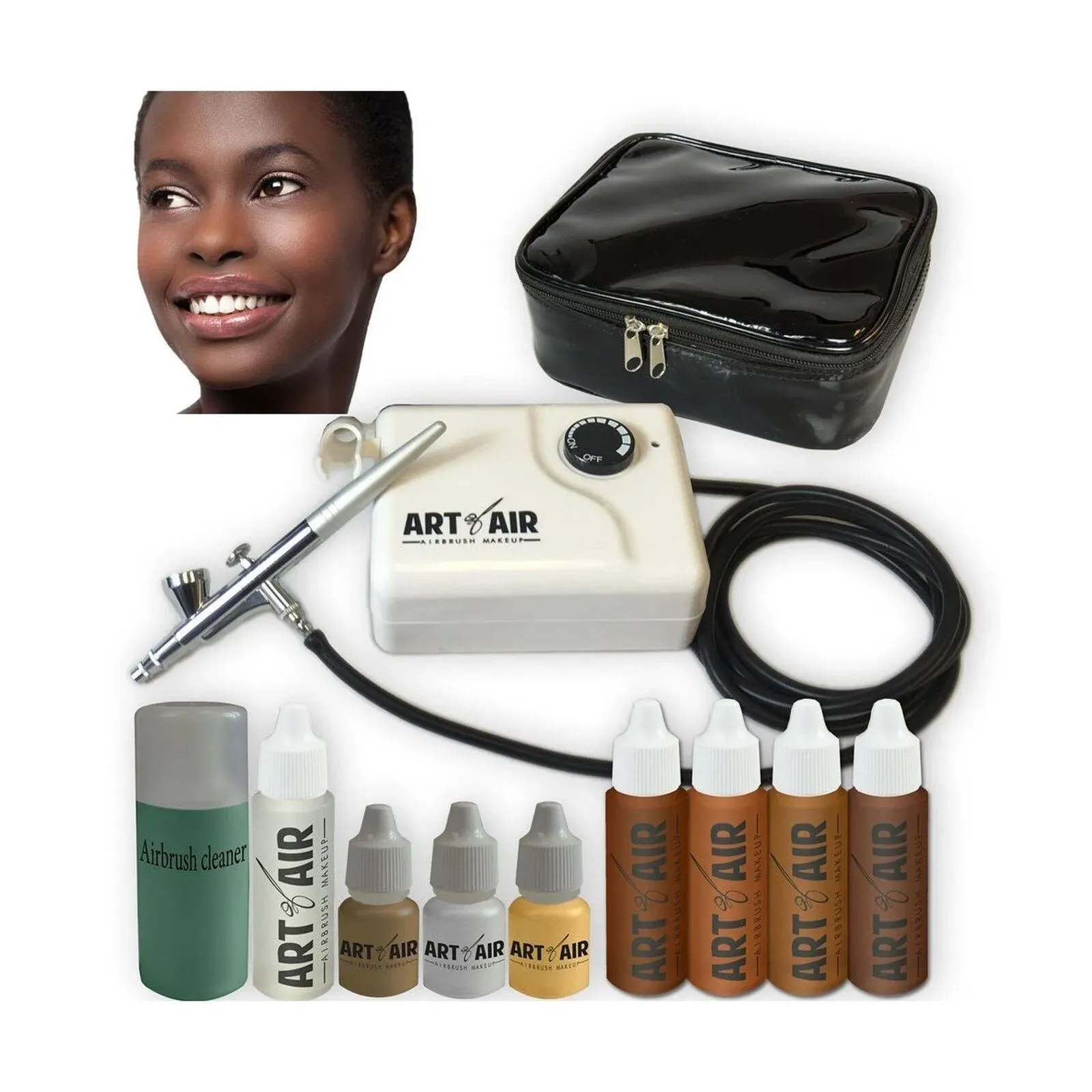 Art of Air DARK Complexion Professional Airbrush Cosmetic Makeup System / 4pc Foundation Set with Blush, Bronzer, Shimmer and Primer Makeup Airbrush Kit