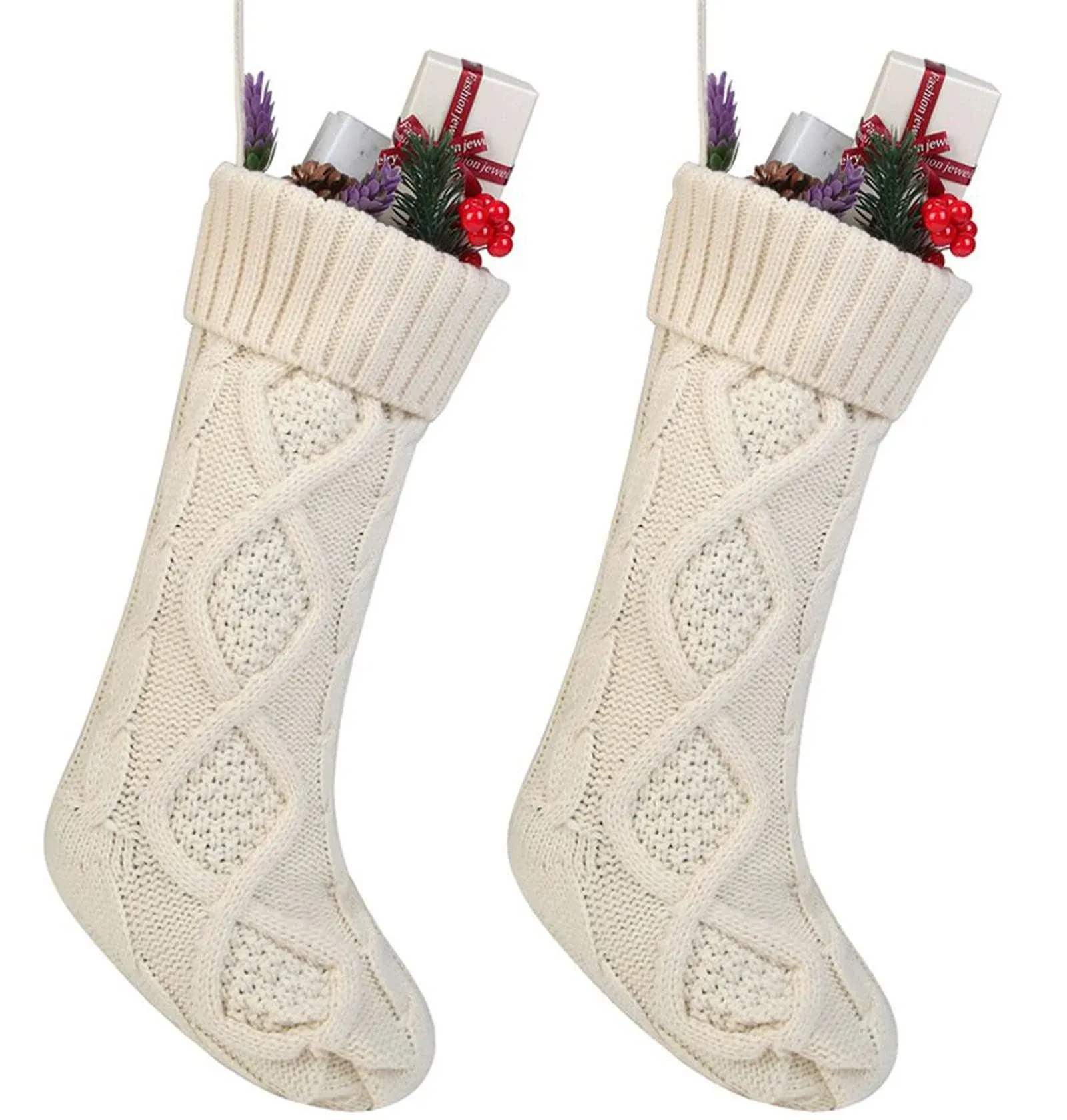 Free Yoka Cable Knit Christmas Stockings Kits Solid Color White Ivory Classic Decorations 18", Set of 2