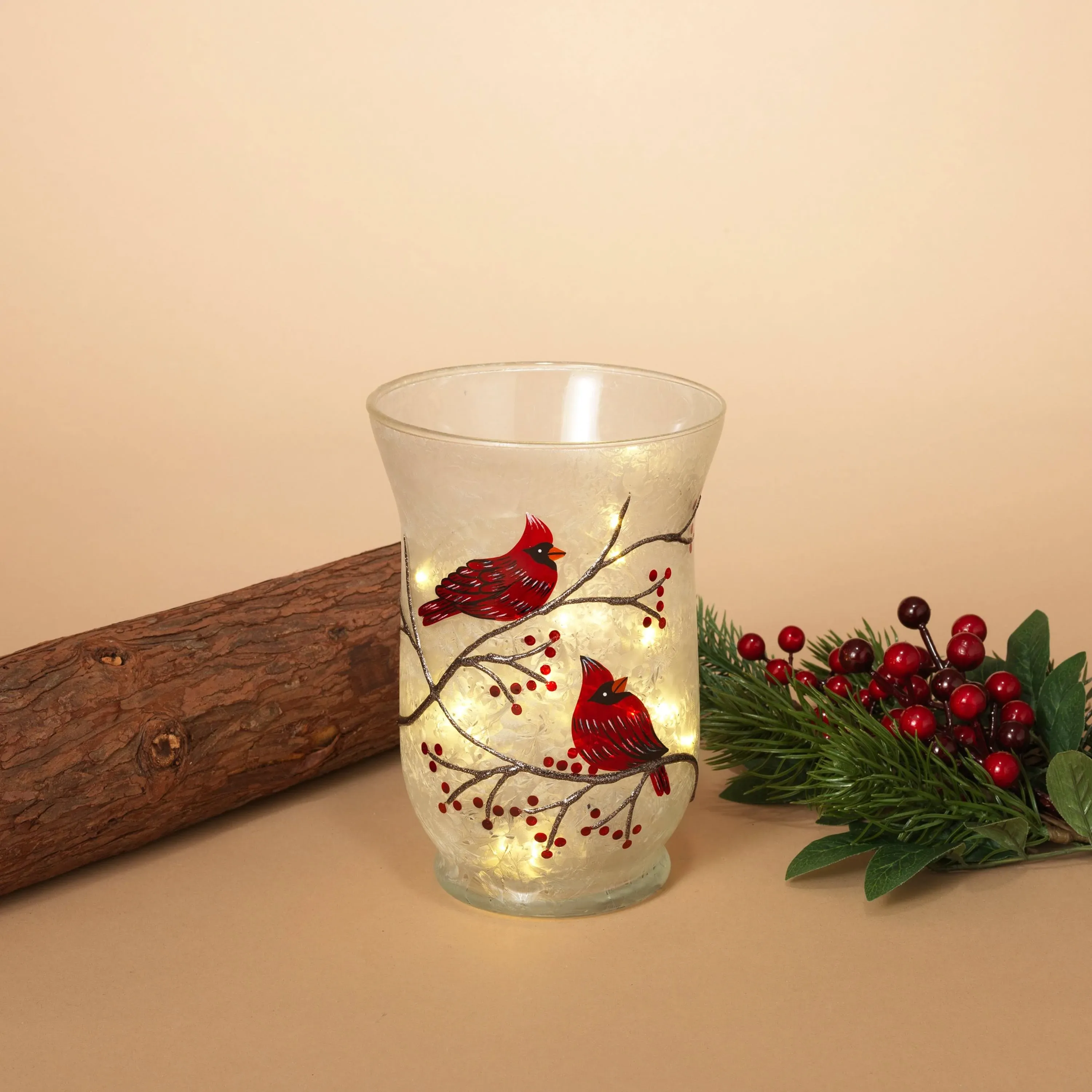 Frosted Glass Cardinal Design Hurricane Candle Holder