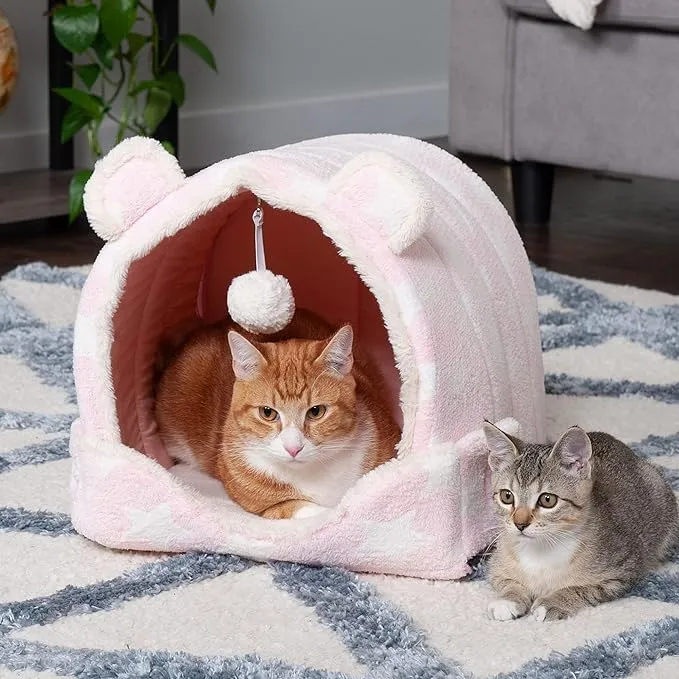 Furhaven Cat Bed Cave for Indoor Cats & Small Dogs, Washable & Foldable w/ Plush Ball Toy - Cozy Cave-Bear Pet Tent - Pink Stars, Small