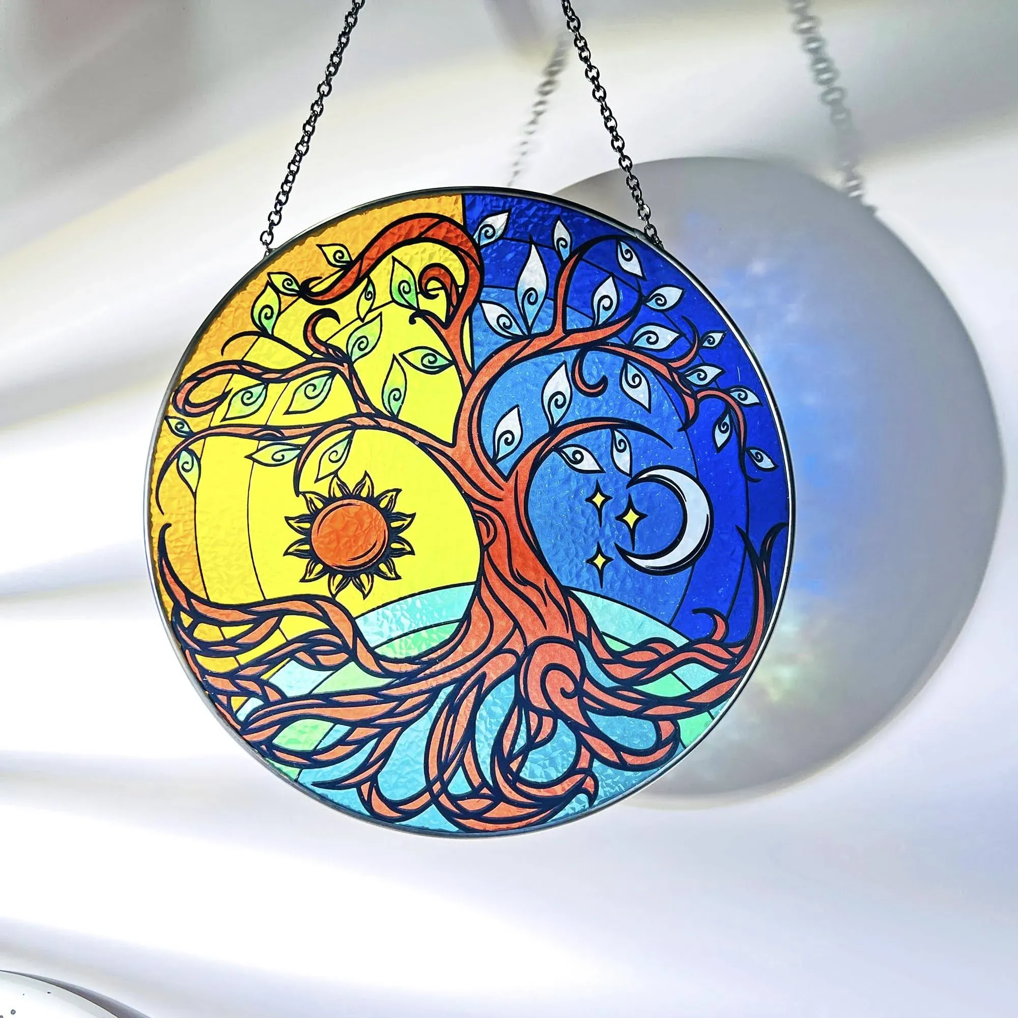 Tree of Life with Sun and Moon Stained Glass Window Hanging Suncatcher Yin Yang with Gradient Colors, Hand-Painted Glass Panel Decor