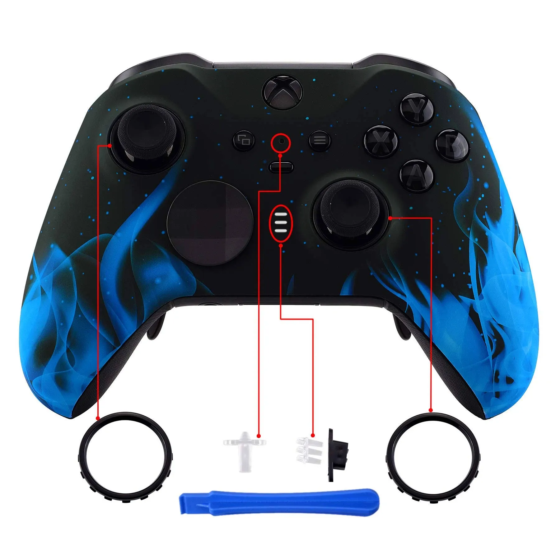 eXtremeRate Blue Flame Patterned Faceplate Cover, Soft Touch Front Housing Shell Case Replacement Kit for Xbox One Elite Series 2, Xbox Elite 2 Core Controller Model 1797 - Accent Rings Included