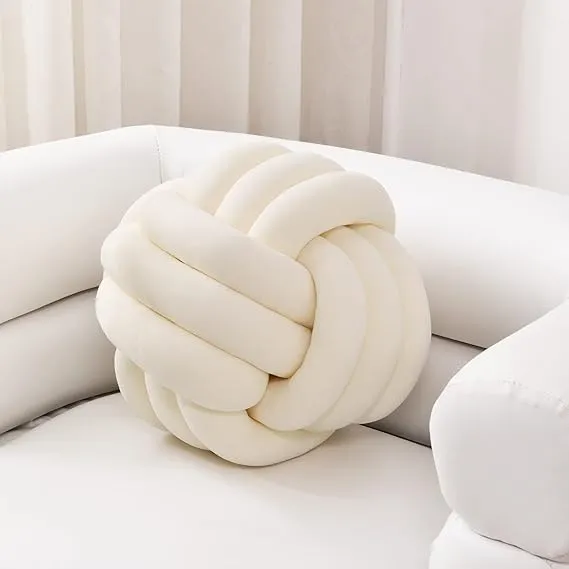 Sioloc Soft Knot Ball Pillows,Round Throw Pillow Cushion Home Decoration Plush Pillow,Throw Knotted Pillow Handmade Round Plush Pillow（10.6inches,Ivory）