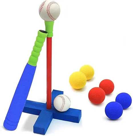 Foam Tball Set for Kids Toddlers 3-5, T Ball Baseball Softball Bat Set Adjustable Batting Tee, 8 Colored Balls, for Boys Girls 3-5 5-8 Years Indoor Outdoor Sport Playing Toys, Blue