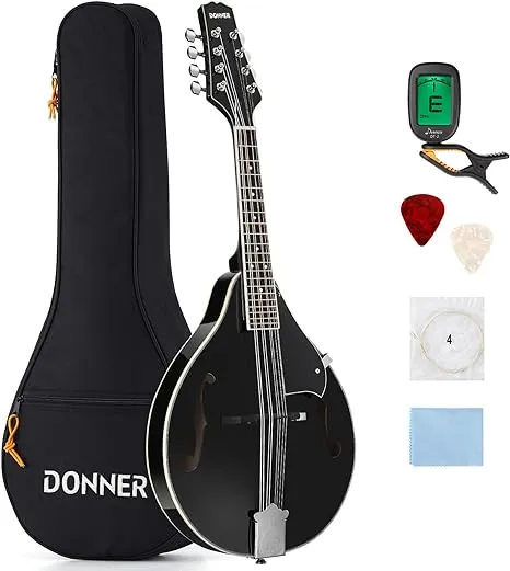 Donner A Style Mandolin Instrument Black Beginner Adult Acoustic Mandolin Musical Instrument Mahogany 8 String, Bundle With Tuner String Bag Guitar Picks, DML-100B