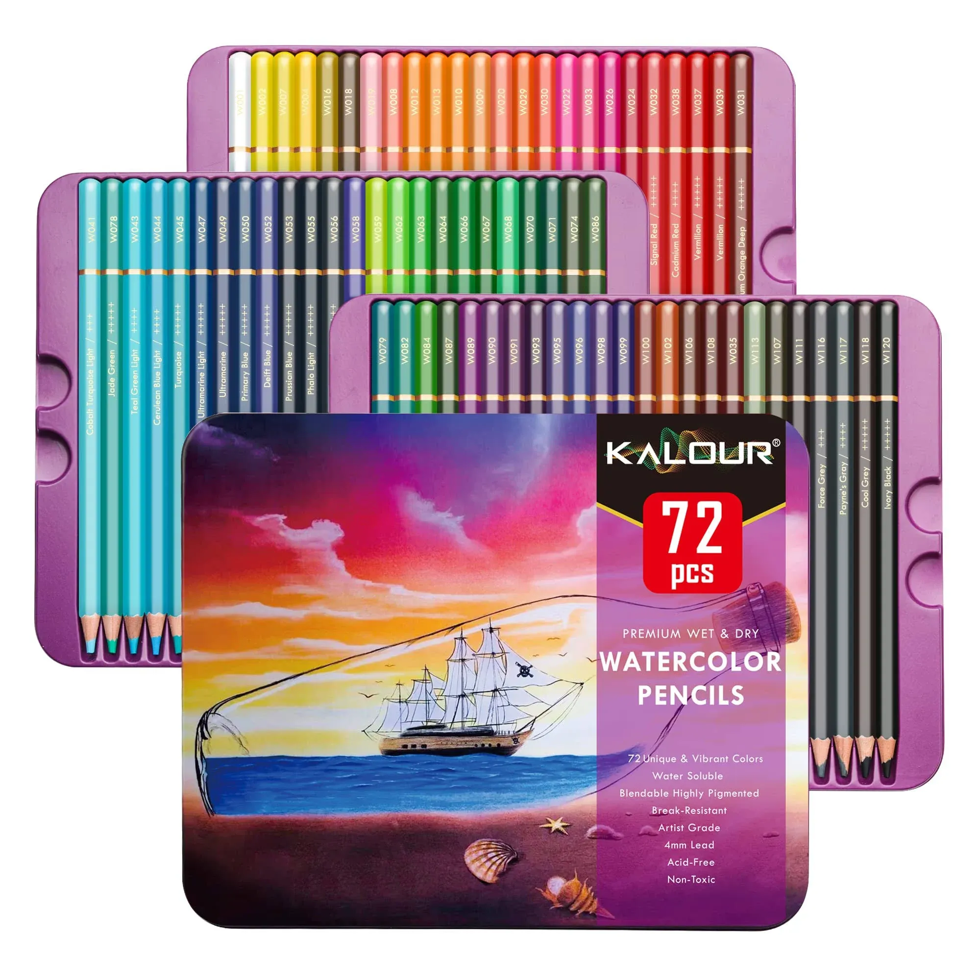 KALOUR Professional Watercolor Pencils, Set of 72 Colors,Numbered and Lightfastness,Water-soluble Colored Pencils for Adult Coloring Book,Water Color Pencils for Artists Beginner Kids