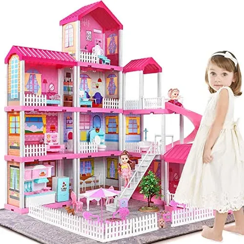  Doll House Playhouse Girl Toys - 4-Story 11 Doll House Rooms 11 rooms (Pink)