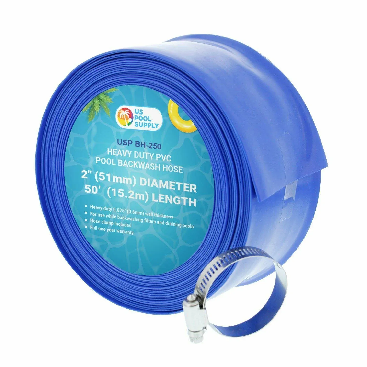 U.S. Pool Supply 2" x 50' Heavy Duty Blue PVC Swimming Pool Backwash Hose with ...