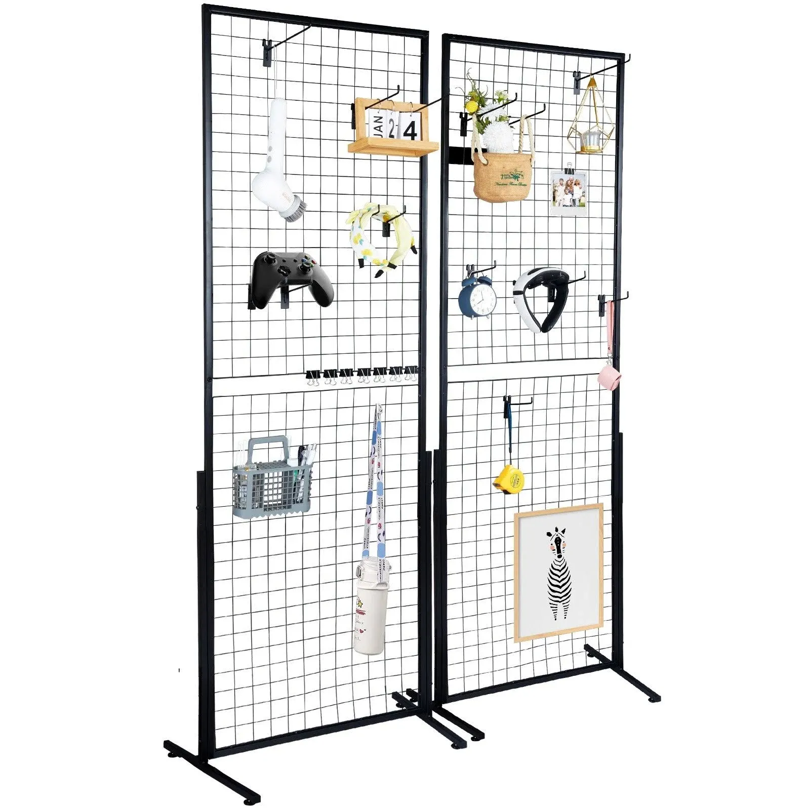 VEVOR 2' x 5.6' Grid Wall Panels Tower, 2 Packs Wire Grid Panels with T-Base Floorstanding, Double Side Gridwall Panels for Art Craft Shows, Retail Display with Extra Clips and Hooks