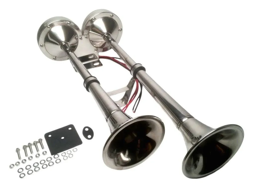 Pactrade Marine Boat RV Car Stainless Steel Dual Trumpet Horn Complete Set 12V