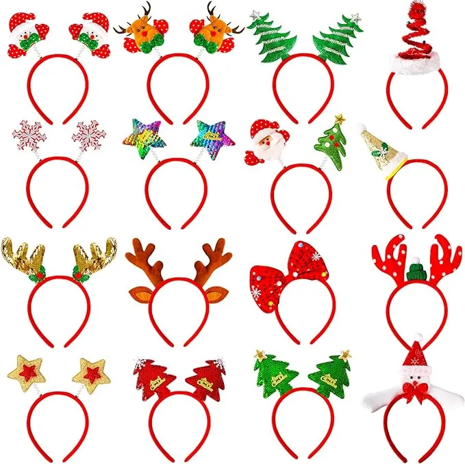 MGparty 16 pcs Christmas Headbands Christmas Parties Favors Decoration Supplies Xmas Gifts Photo Booth Xmas Tree Snowman Reindeer Antlers Santa Hat